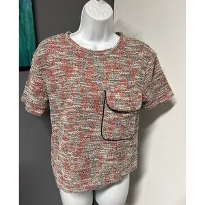 Zara Women's Small Tweed Cropped Top Pocket Artsy Metallic Short Sleeve Preppy